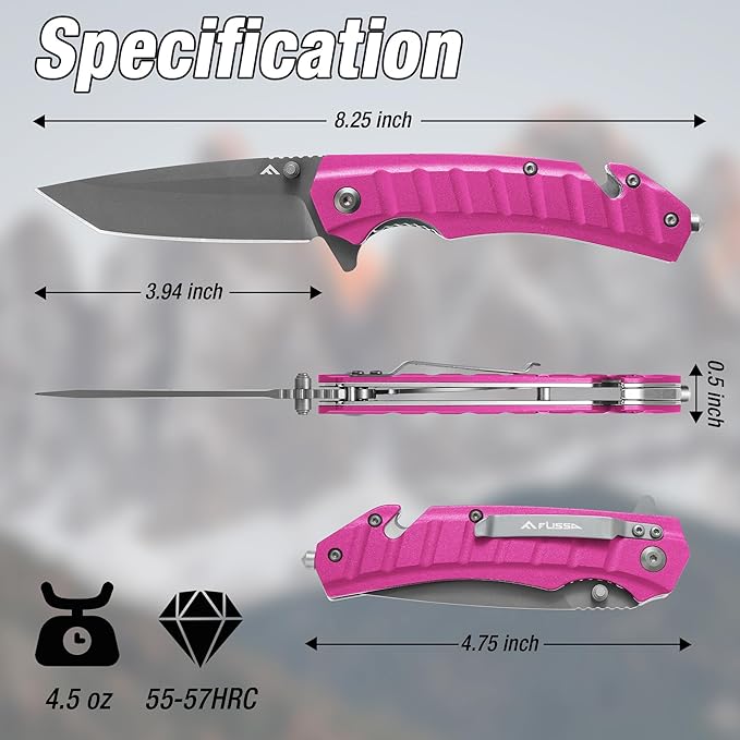 FLISSA Folding Pocket Knife, Tactical Knife with Liner Lock, Tanto Blade, Pocket Clip, Glass