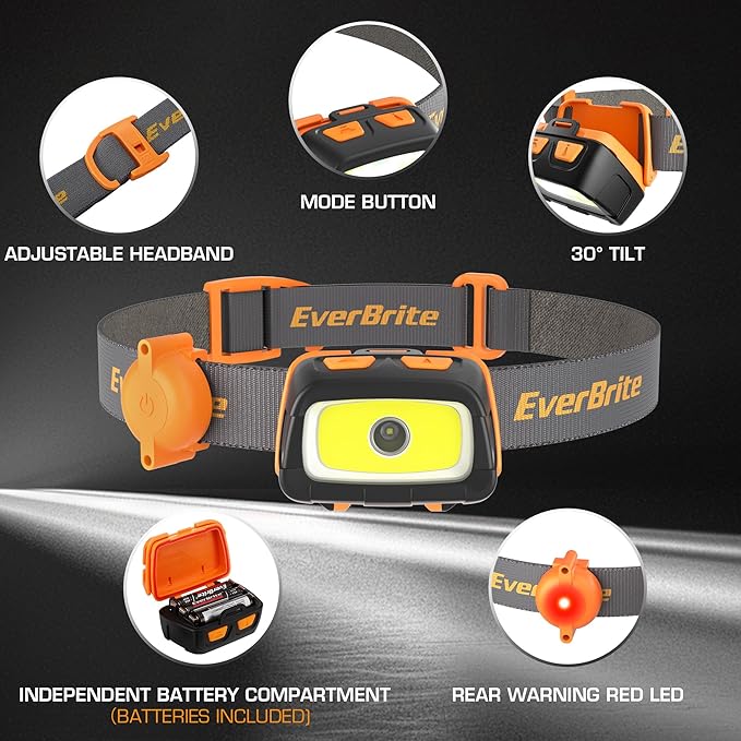 EverBrite 300 Lumens Headlamp with Red/Green/White Light Modes, Tail Light, Adjustable Headband