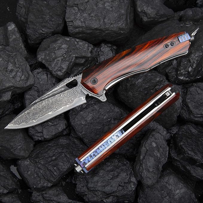Damascus steel multifunctional EDC folding knife with self assembling pocket clip, lining lock