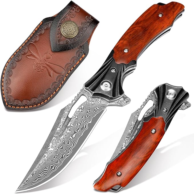 Damascus Pocket Knife for Men Women, Wood Handle Folding Knife with Sheath, 3.15" Damascus Steel