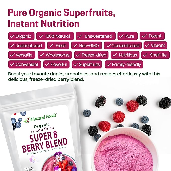 Z Natural Foods Super 8 Berry Blend - Organic Freeze Dried Berry Powder, Fruit Superfood Powder