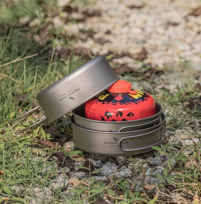 Boundless Voyage Titanium Pots Pans Set Camping Cookware 500ml 600ml 700ml Bowls Outdoor Portable