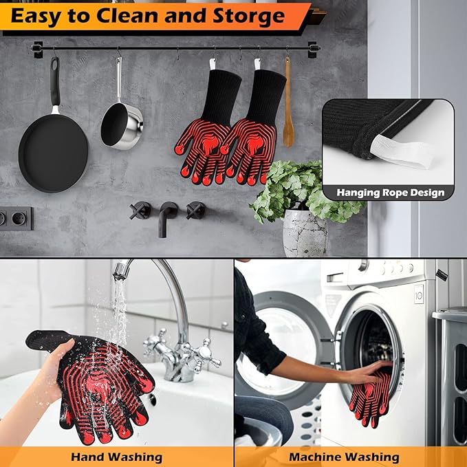 BBQ Gloves, 1472°F Heat Resistant Gloves Fireproof Mitts，Grilling Gloves Silicone Non-Slip Washable