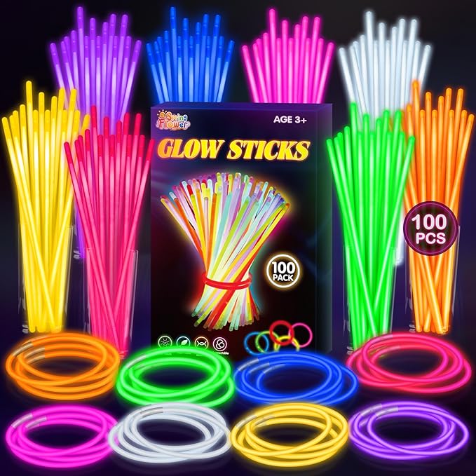 SpringFlower 100 PCS Glow Sticks Bulk Party Favors, 8" Glow in the Dark Party Supplies, Light