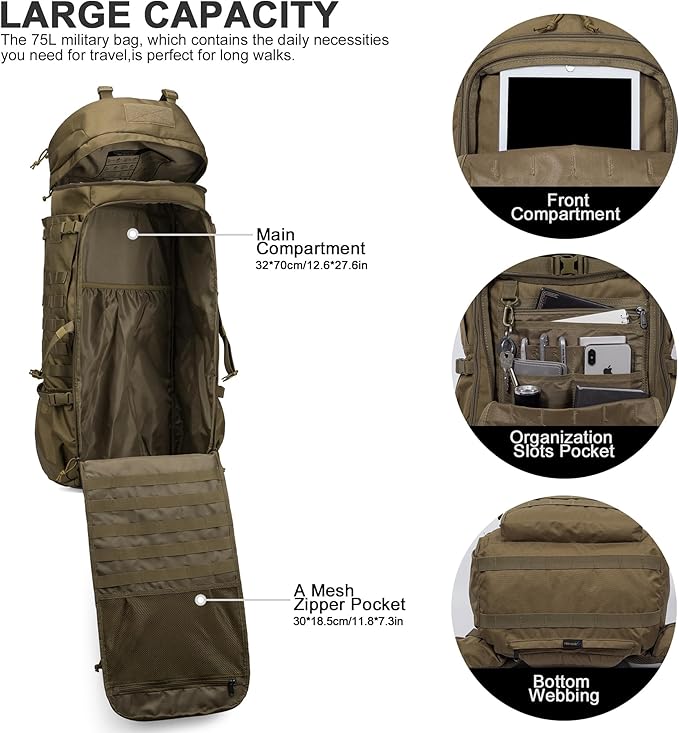 Mardingtop 75L Molle Hiking Internal Frame Backpacks with Rain Cover for