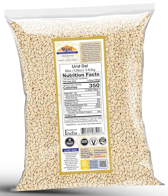 Rani Urid/Urad Dal (Split Matpe Beans Skinless) Indian Lentils 128oz (8lbs) 3.63kg Bulk ~ All