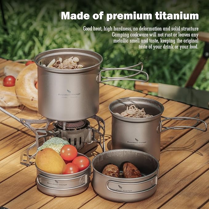 iBasingo Backpacking Cookset Titanium Camping Pots Set Ultralight Outdoor Picnic Pots Pans with
