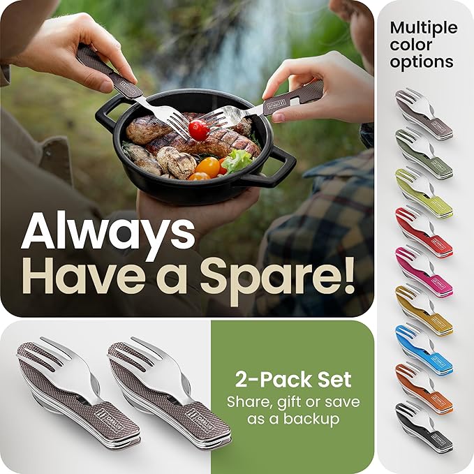 Orblue 4-in-1 Camping Utensils, 2-Pack - Portable Stainless Steel Spoon, Fork, Knife & Bottle