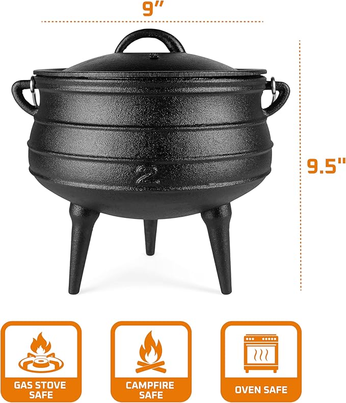 Bruntmor Pre-Seasoned Cast Iron Cauldron - 6 Quart African Potjie Pot with Lid - 3-Legged Dutch