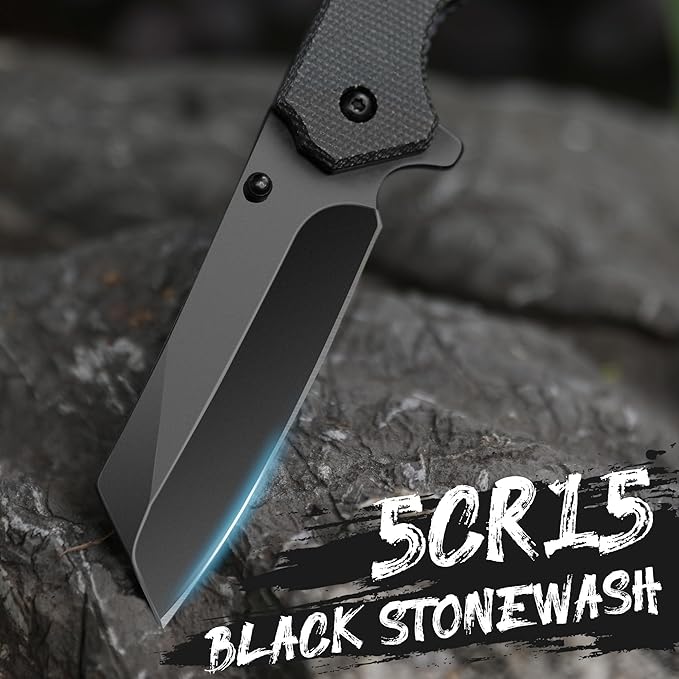 FLISSA Pocket Knife, 3.5" Folding Stonewash Blade Tactical Knife, Micarta Handle, for Outdoor