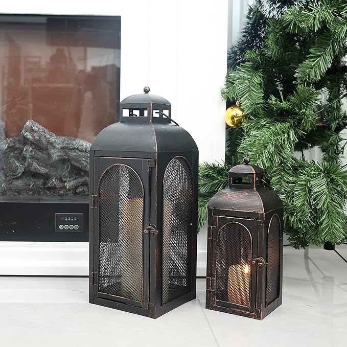 DECORKEY Luxury Lantern Decorative Outdoor & Indoor, Set of 2 (19’’&13’’) Metal Candle Lanterns