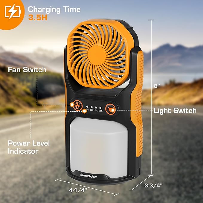 EVERBRITE Rechargeable Camping Lantern with Fan- 4400mAh Power Bank, Camping Fan with 3 Fan Speeds