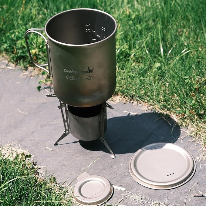 Titanium Backpacking Stove System, Cup/Portable Alcohol Stove/Foldable Spork -750ml Camping Combo