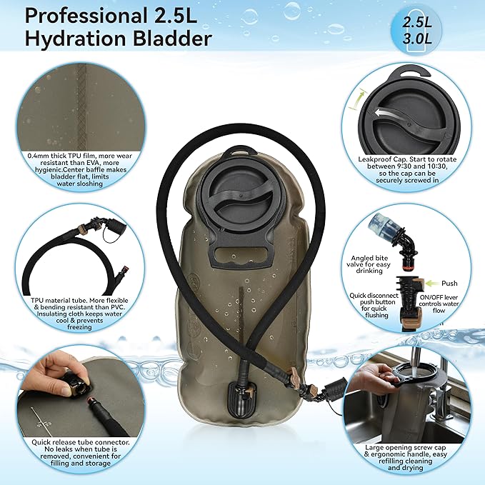 MARCHWAY Tactical Molle Hydration Pack with 2.5L TPU Water Bladder, Low-Profile Organized Military
