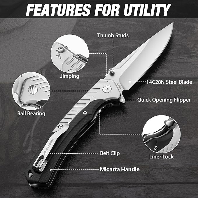 FLISSA Pocket Knife with 3.35" 14C28N Steel Blade, Liner Lock Folding Knife with Micarta Handle for
