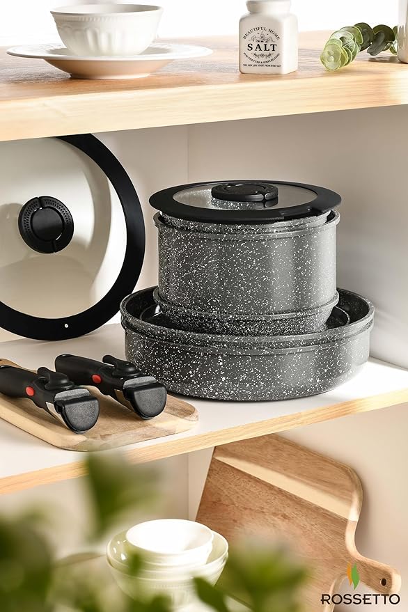 ROSSETTO 16pcs Aluminium Nonstick Pots and Pans Set from France with detachable Handle, Stackable