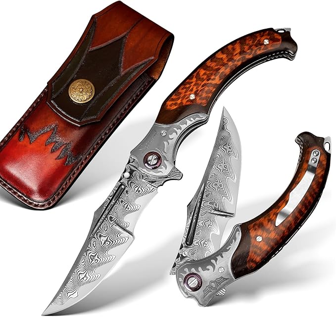 4.6in Damascus steel blade, ebony inlaid with serpentine wood handle with leather pocket folding