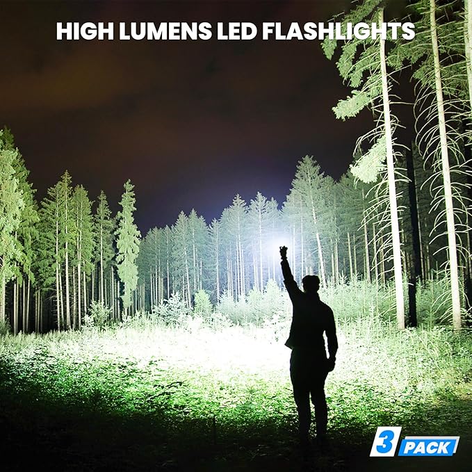 Flashlight Rechargeable 90,000 High Lumens - 3 Pack Bright LED Flash Light with 5 Modes, Handheld