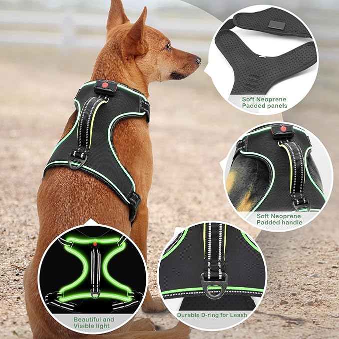 Light Up Dog Harness, No Pull LED Dog Harness with Handle, Rechargeable Lighted Safety Vest for
