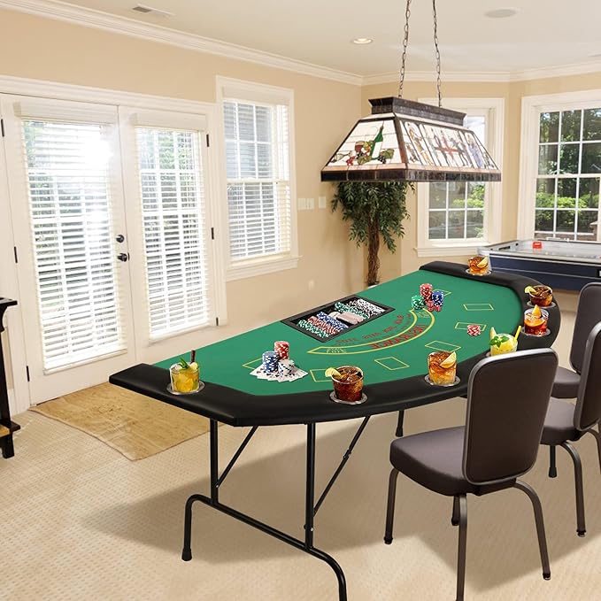 Foldable 7 Players Poker Table for Blackjack, Texas Hold'em Table with Stainless Steel Cup Holder