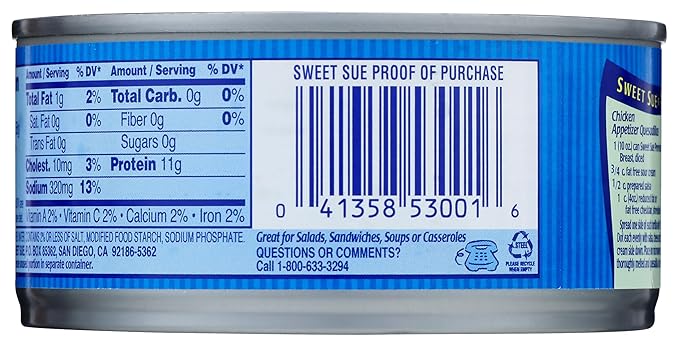 Sweet Sue Chunk White Chicken in Water, 10 oz Can - 11g Protein per Serving, 98% Fat Free - Gluten
