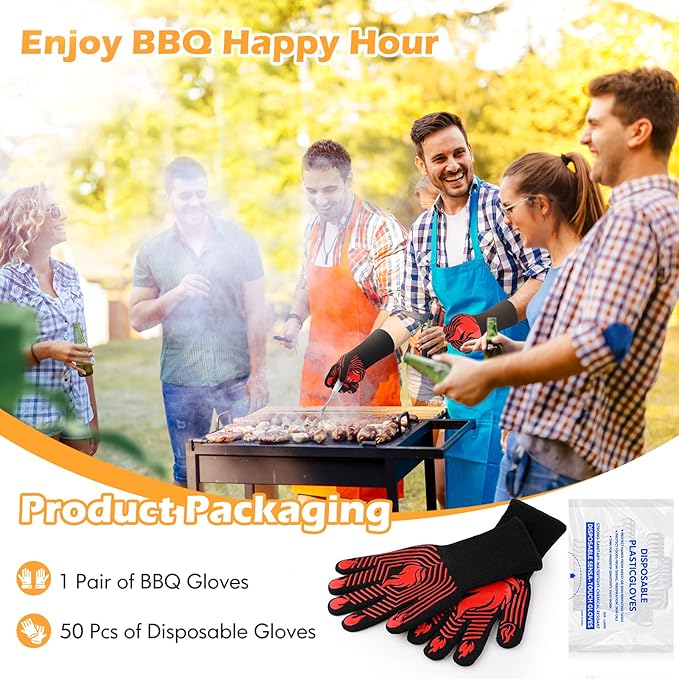 BBQ Gloves, 1472°F Heat Resistant Gloves Fireproof Mitts，Grilling Gloves Silicone Non-Slip Washable