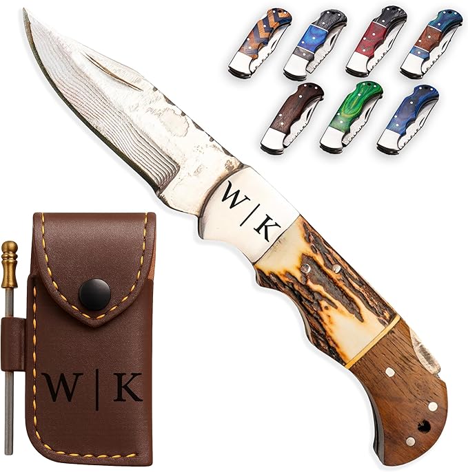 Personalized Folding Knife - Damascus Stag Bone Pocket Knife, Unique Gift for Brother, Uncle
