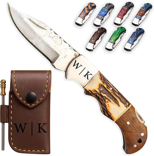 Personalized Folding Knife - Damascus Stag Bone Pocket Knife, Unique Gift for Brother, Uncle
