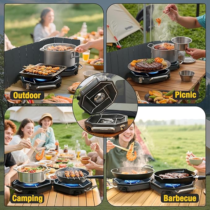 Camping Stove Propane, 2 Burner Camp Stove, 20,000 BTU Propane Camping Stoves, Portable Gas Stove