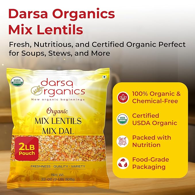 Darsa Organics Mixed Lentils (Panchratna Dal) 2lb | USDA Organic, Non-GMO, Kosher | Superfood Rich