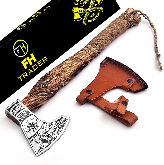 Hand Forged Viking Axe – Carbon Steel Blade with Ash Wood Handle and Leather Sheath, Camping
