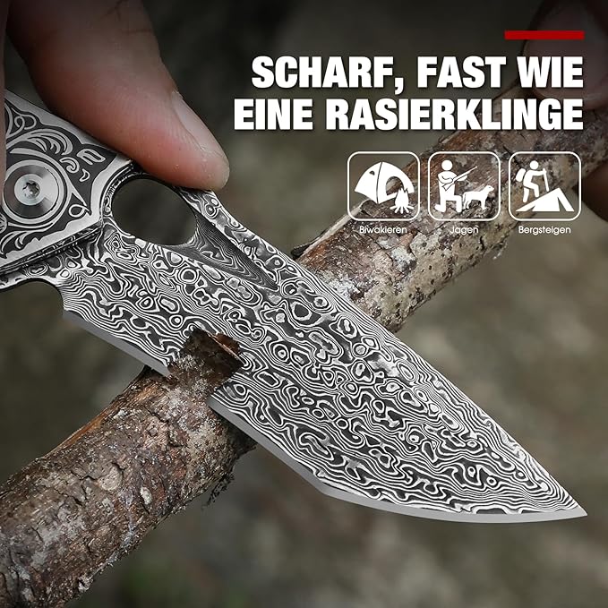 Damascus Steel Folding Pocket Knife with VG10 Core, Wooden Handle & Leather Sheath, Outdoor Knife