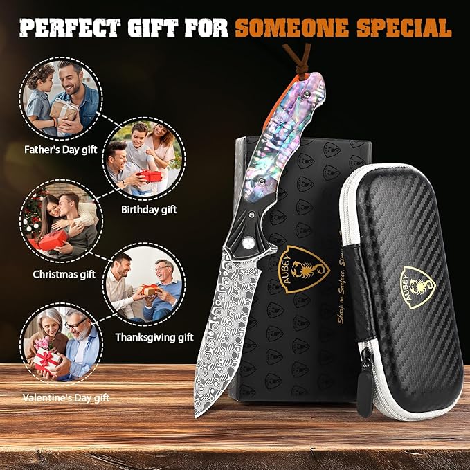 AUBEY Damascus Pocket Knife for Women Men, 3.43" VG10 Damascus Steel Blade Knife with Clip, EDC