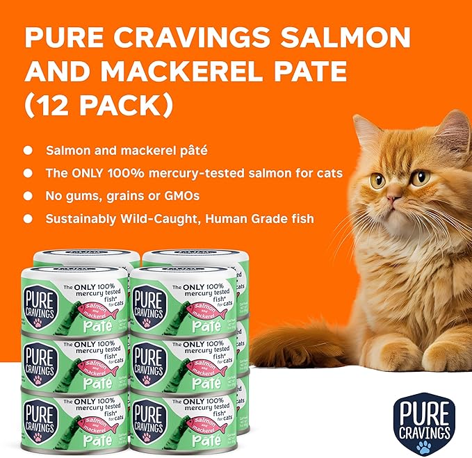 Pure Cravings Salmon and Mackerel Pate, Canned Wet Cat Food, 100% Mercury-Tested, Moist Can Fish