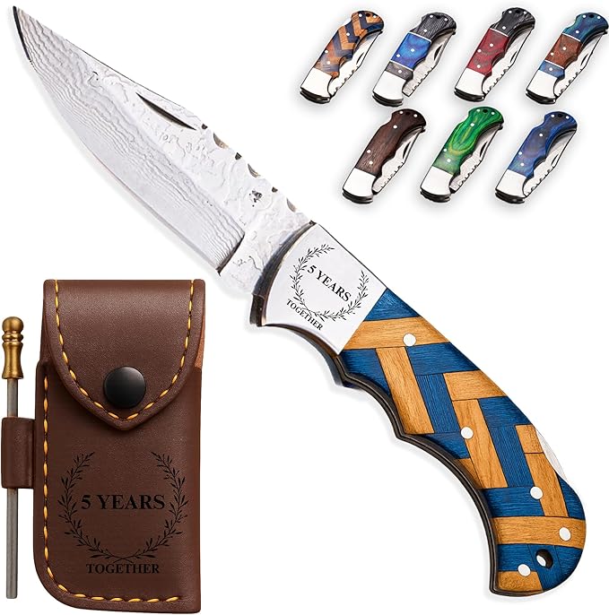 Personalized Folding Knife, Damascus Olive Blue Pocket Knife, Engraved Gift for Husband, Son