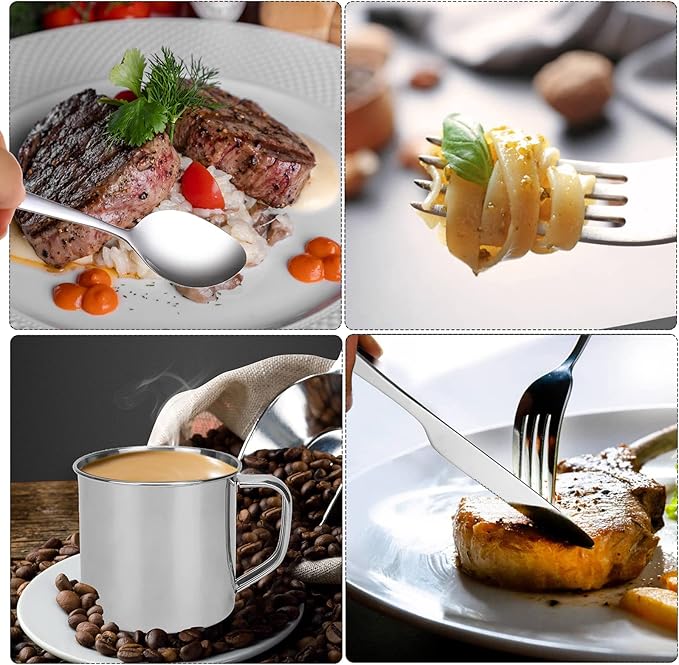 Stainless Steel Camping Cutlery Set - 8 Piece, Includes Spoons, Mugs, Bowls, Plates, Rags &