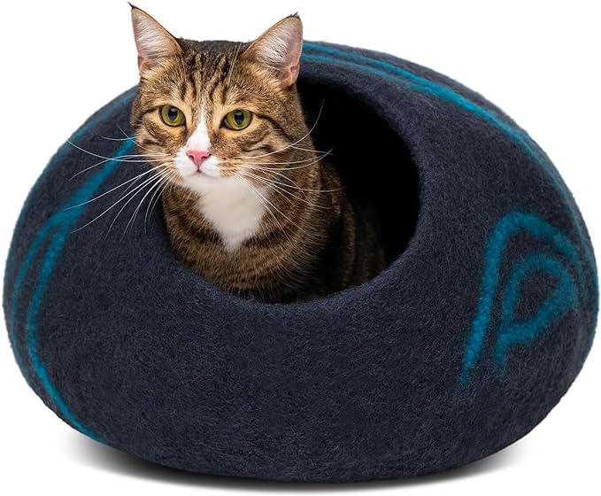 MEOWFIA Cat Cave ??Premium Felt Cat Bed for Indoor Cats, Handmade 100% Merino Wool (Large, Black