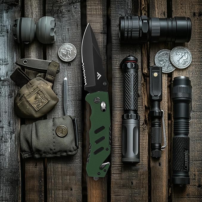 FLISSA Folding Pocket Knife with Clip, Glass Breaker and Seatbelt Cutter, Survival Knife for