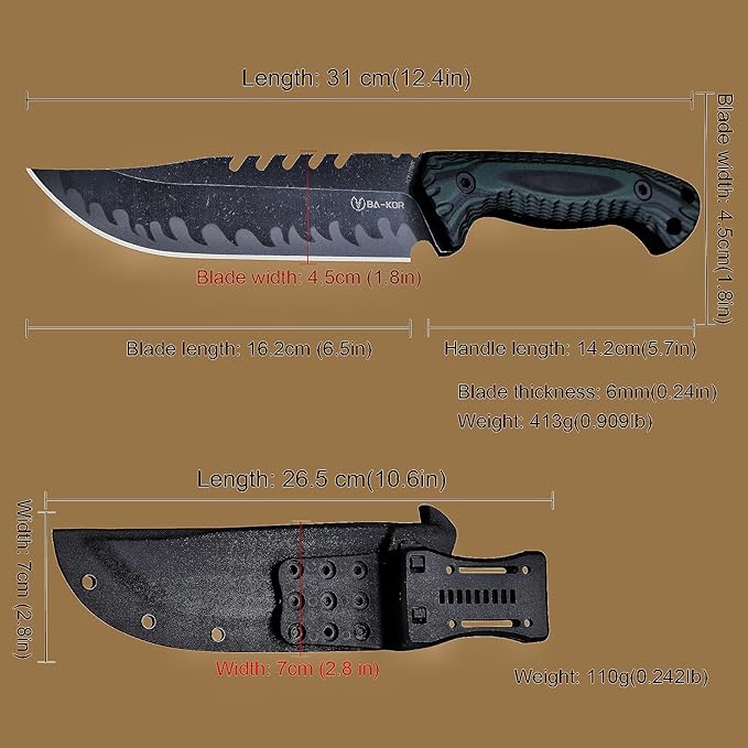 BA-KOR 12.4in Full Tang Fixed Blade Hunting Knife ??6mm 9CR18MoV Steel, G10 Handle, Stonewashed