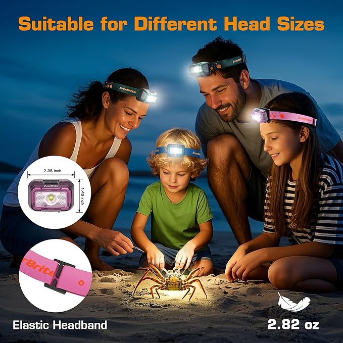 EverBrite Rechargeable Headlamp, 2 Pack Kids Headlamp with White/Red/Green Light and Memory