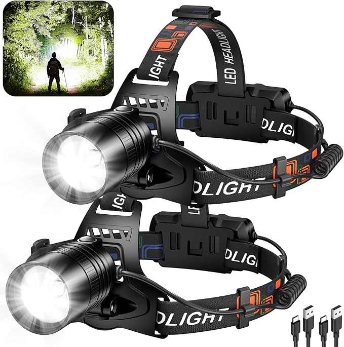 Rechargeable Led Headlamp 2Pack, 99000 Lumen Super Bright Head Lamp with 3 Modes & 90° Adjustable