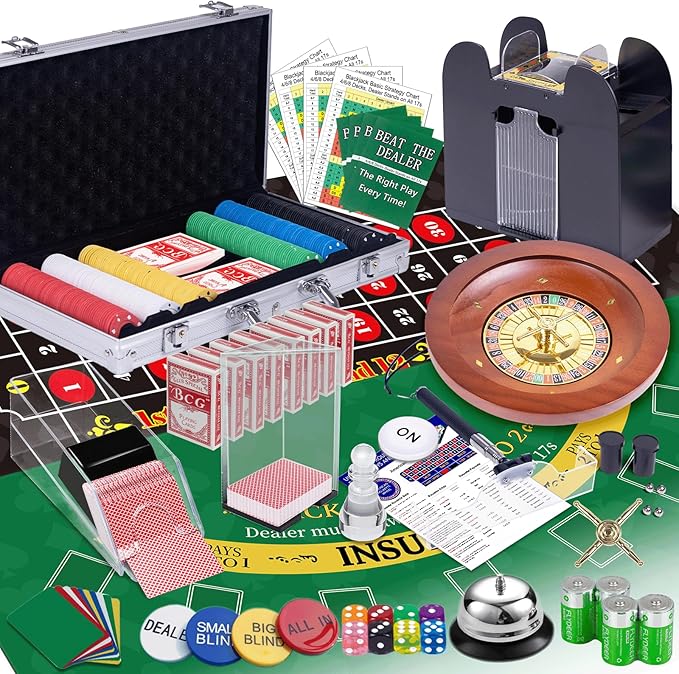 5 in 1 Super Casino Game Set: Blackjack/Texas Hold'em/Roulette/Craps/Poker Kit, 10" Wooden Roulette