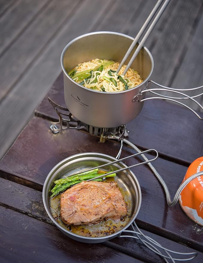Boundless Voyage Outdoor Titanium Pot with Pan Set with Collapsible Folding Handle for Outdoor