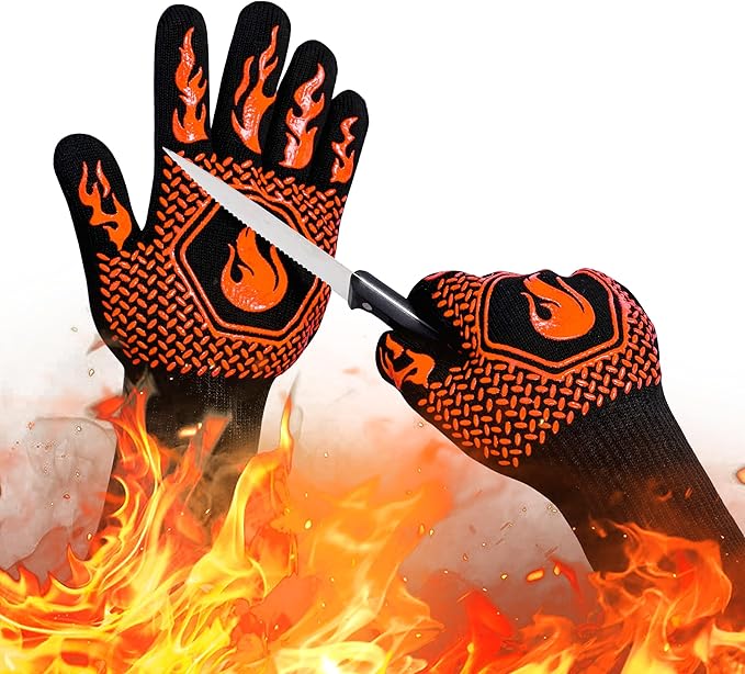 BBQ Fireproof Gloves, Grill Cut-Resistant Gloves 1472°F Heat Resistant Gloves, Non-Slip Silicone