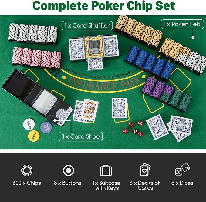 GYMAX Poker Chips Set, 600 PCS Texas Hold 'em Casino Chip Set w/Carrying Case, 6 Decks of Cards, 5