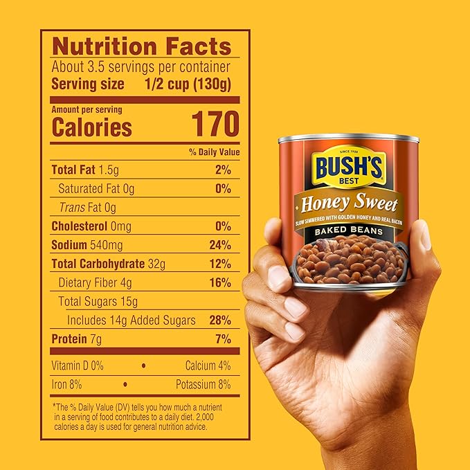 BUSH'S BEST 16 oz Canned Honey Sweet Baked Beans, Source of Plant Based Protein and Fiber, Low Fat