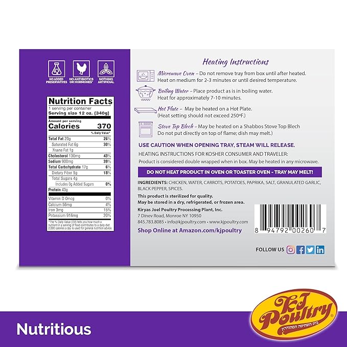 KJ Poultry Kosher for Passover Gluten Free Meals, Roast Chicken with Potato & Carrots, Halal, (2