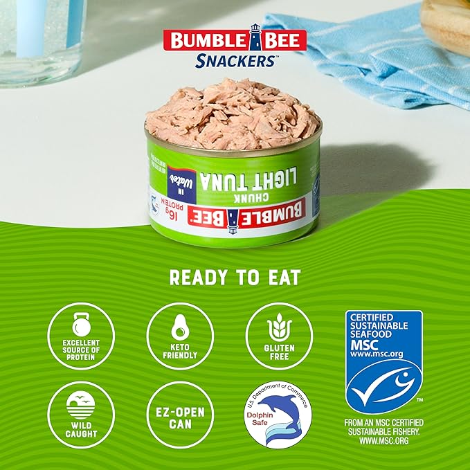 Bumble Bee Snackers - Chunk Light Tuna, 3 oz Easy Open Can - 16g Protein per Serving - Wild Caught