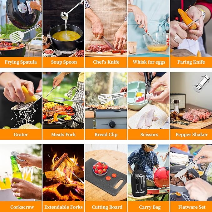 Camping Cooking Utensils Set, Stainless Steel Grill Tools, Camping BBQ Cookware Gear and Equipment