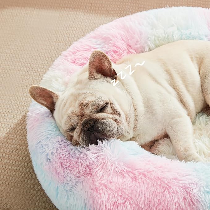 Love's cabin Calming Cat Bed for Indoor Cats,Anti-Anxiety Donut Round Dog Bed,Fluffy Faux Fur